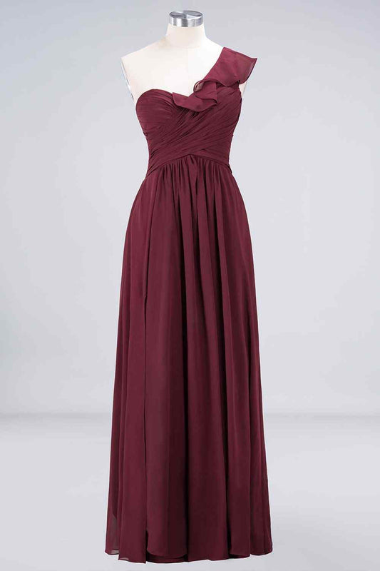 Burgundy A-line Asymmetrical Ruffle Neck Pleated Chiffon Long Bridesmaid Dress
