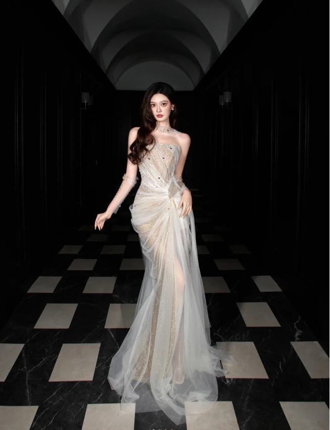 Dreamy Mermaid Strapless High-Slit Rhinestone Tulle Long Prom Dress Evening Dress P4103