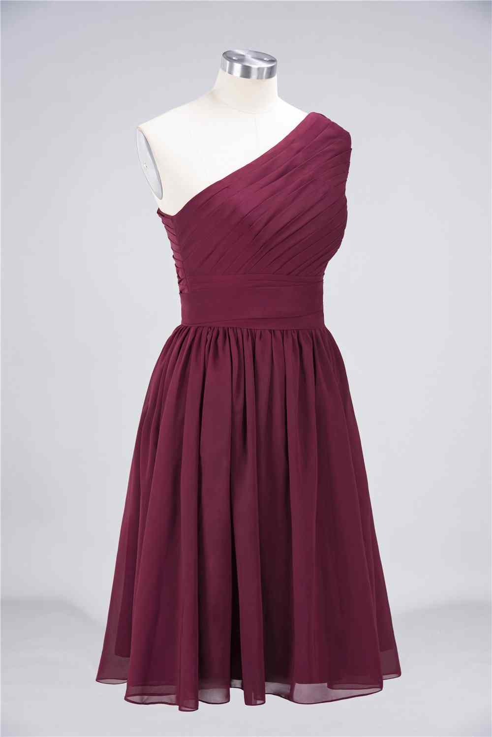 Burgundy A-line One Shoulder Pleated Chiffon Mini Bridesmaid Dress
