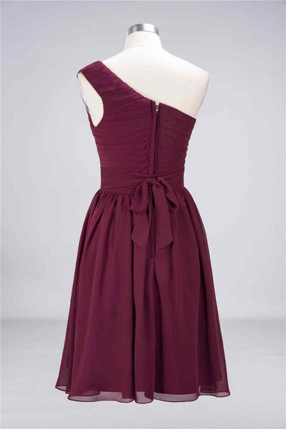 Burgundy A-line One Shoulder Pleated Chiffon Mini Bridesmaid Dress