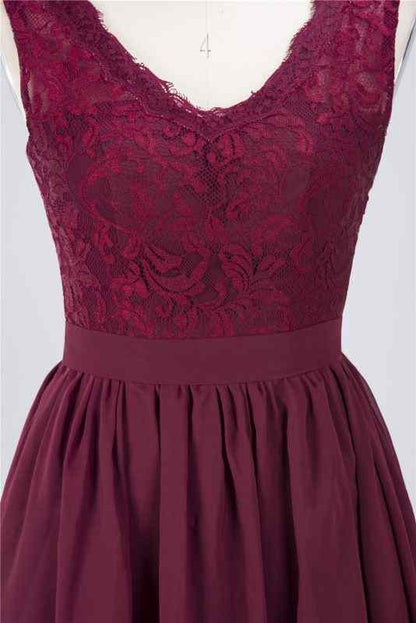 Burgundy A-line Jewel Neck Lace Chiffon Mini Bridesmaid Dress