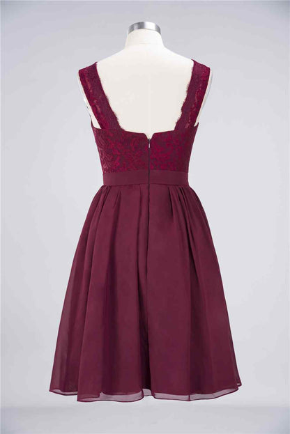 Burgundy A-line Jewel Neck Lace Chiffon Mini Bridesmaid Dress