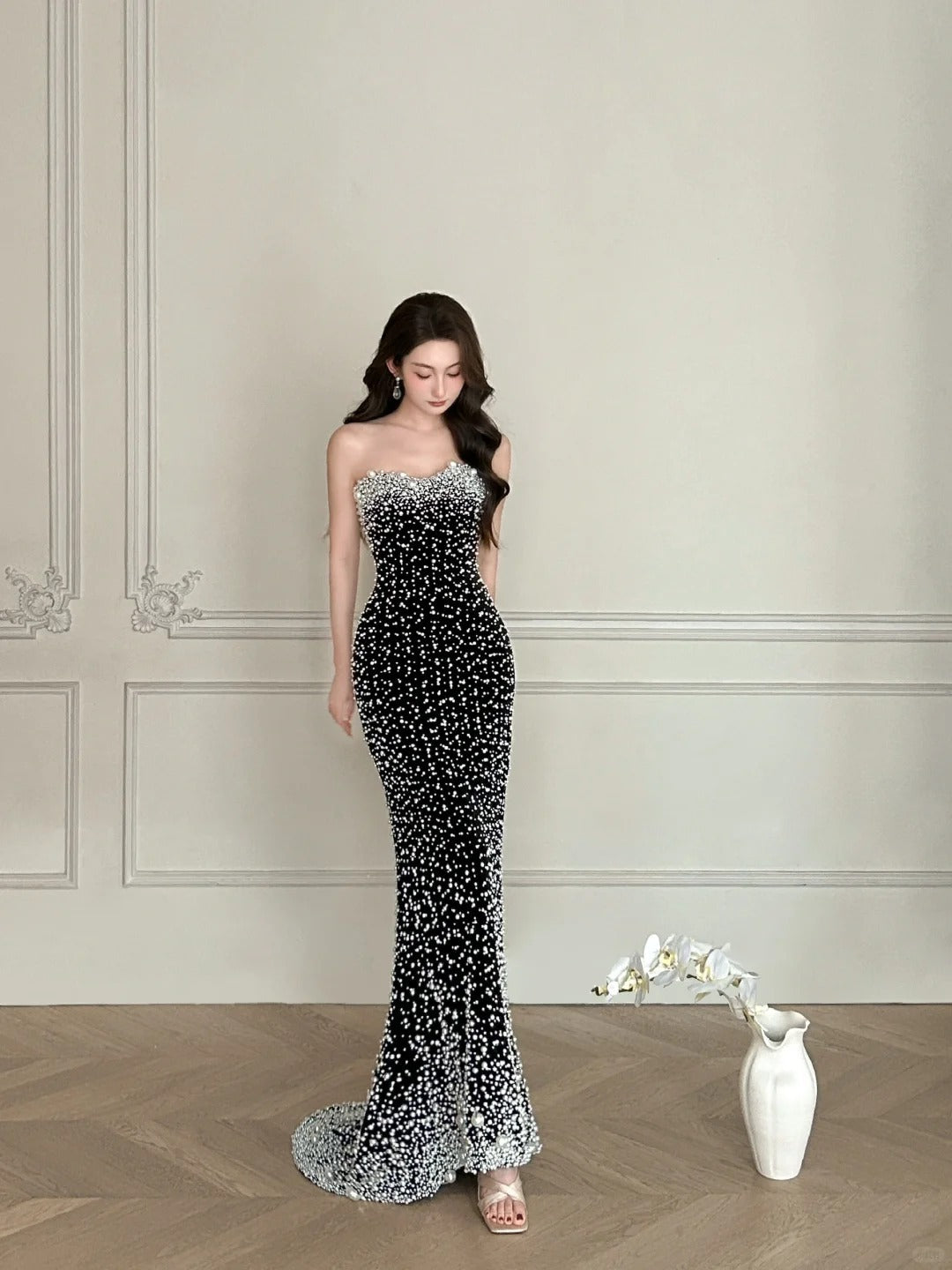 Vintage Black Mermaid Strapless Pearl Velvet Long Prom Dress Evening Dress P4106