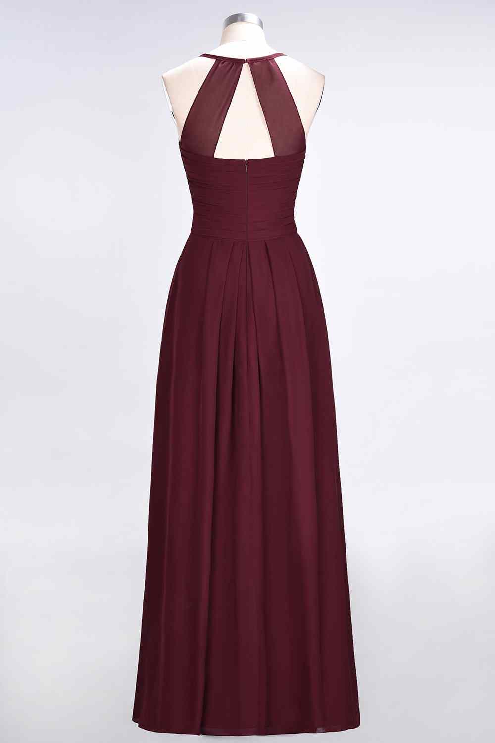 Burgundy A-line Halter Neck Cut-Out Pleated Chiffon Long Bridesmaid Dress