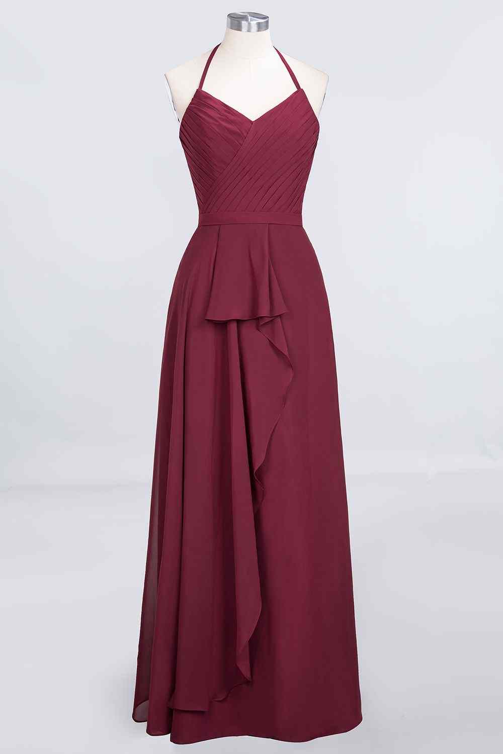 Burgundy A-line Halter Neck Cut-Out Chiffon Ruffle Long Bridesmaid Dress
