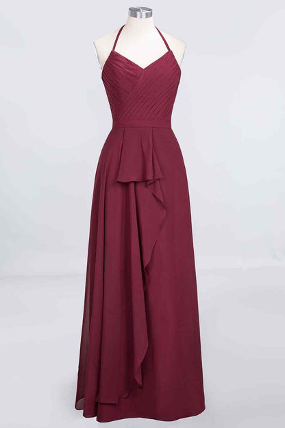 Burgundy A-line Halter Neck Cut-Out Chiffon Ruffle Long Bridesmaid Dress