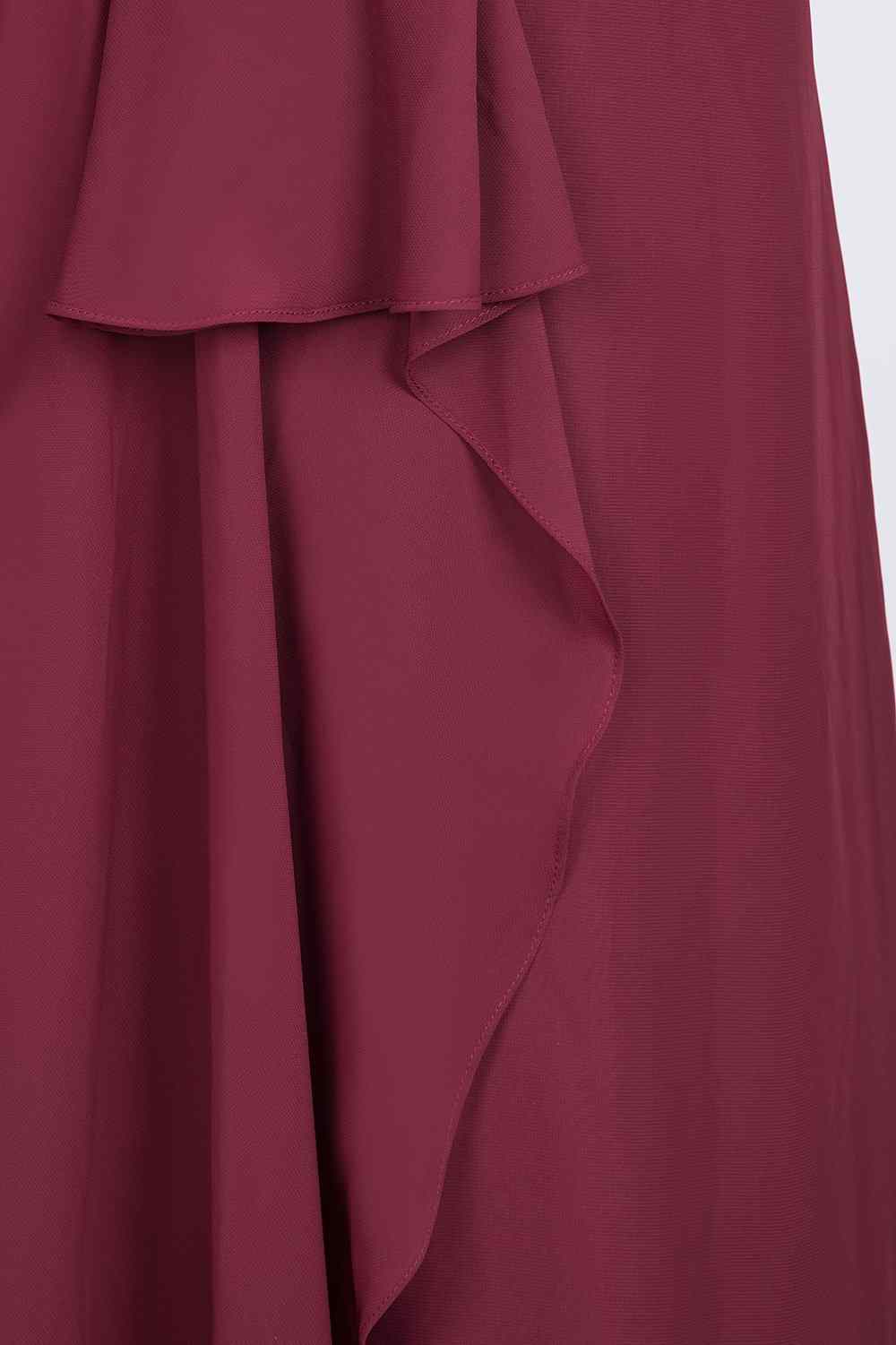 Burgundy A-line Halter Neck Cut-Out Chiffon Ruffle Long Bridesmaid Dress