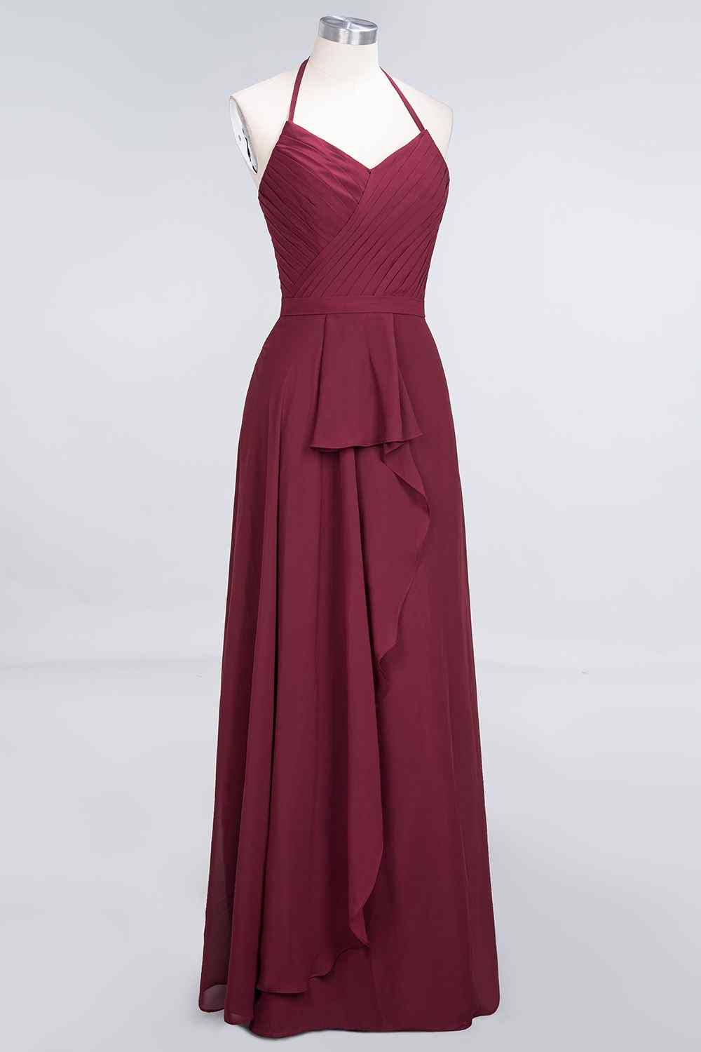 Burgundy A-line Halter Neck Cut-Out Chiffon Ruffle Long Bridesmaid Dress