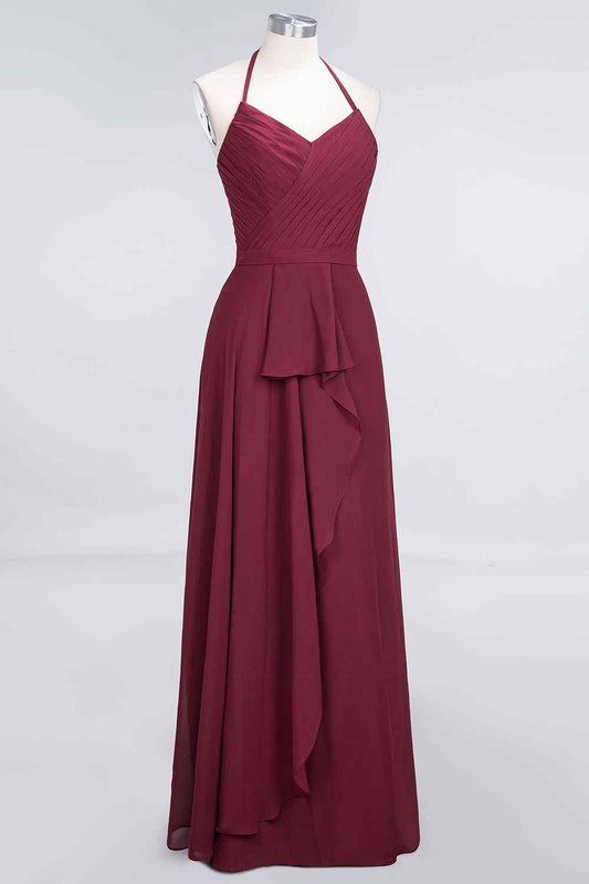 Burgundy A-line Halter Neck Cut-Out Chiffon Ruffle Long Bridesmaid Dress