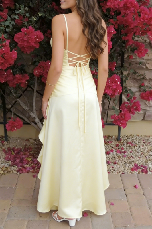 Light Yellow Satin Spaghetti Strap Maxi Dress - V-Neck Ruffle High-Slit Garden Party/Beach Vacation/Light Evening Dress gh6996