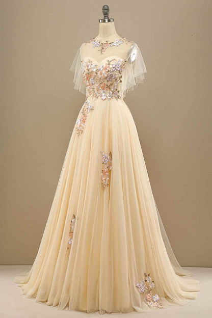 High Neck Tulle A-Line Empire Appliques Prom Party Dress