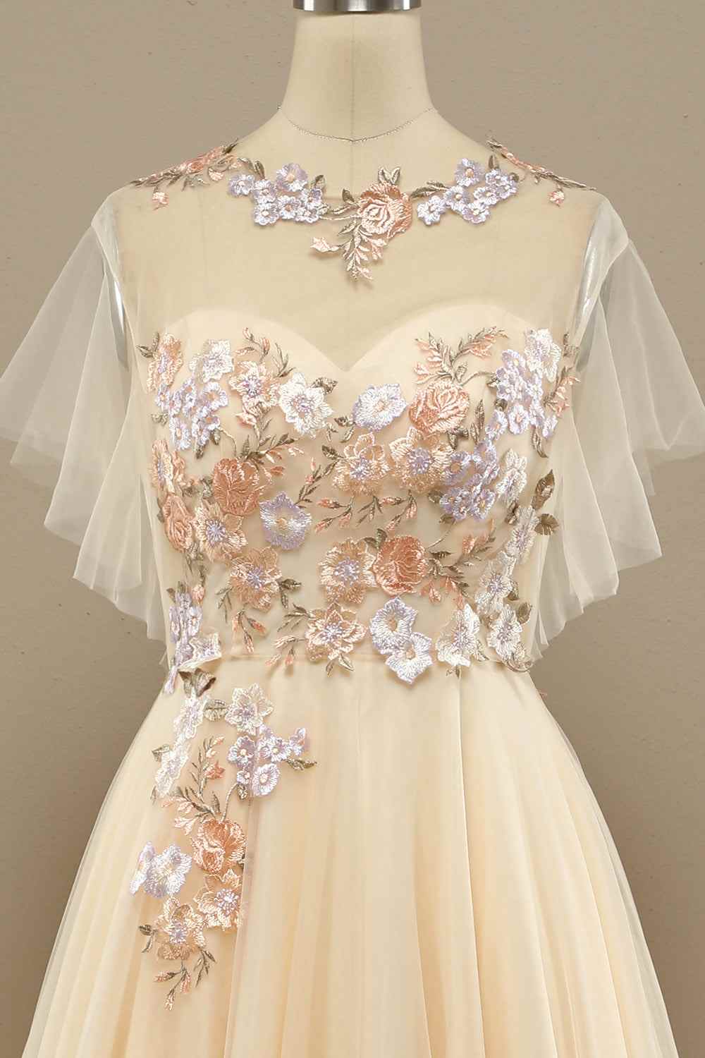 High Neck Tulle A-Line Empire Appliques Prom Party Dress