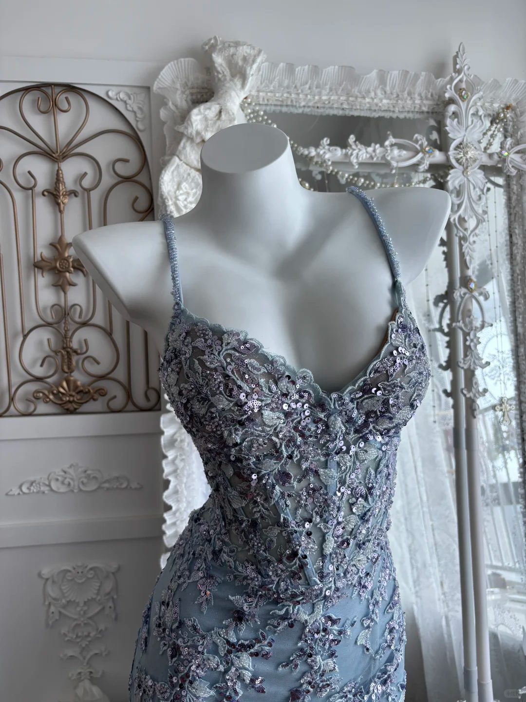 Light Blue Spaghetti Straps Fitted Waist Sexy Mermaid Skirt Prom Gown & Evening Gown gh7353