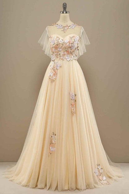 High Neck Tulle A-Line Empire Appliques Prom Party Dress