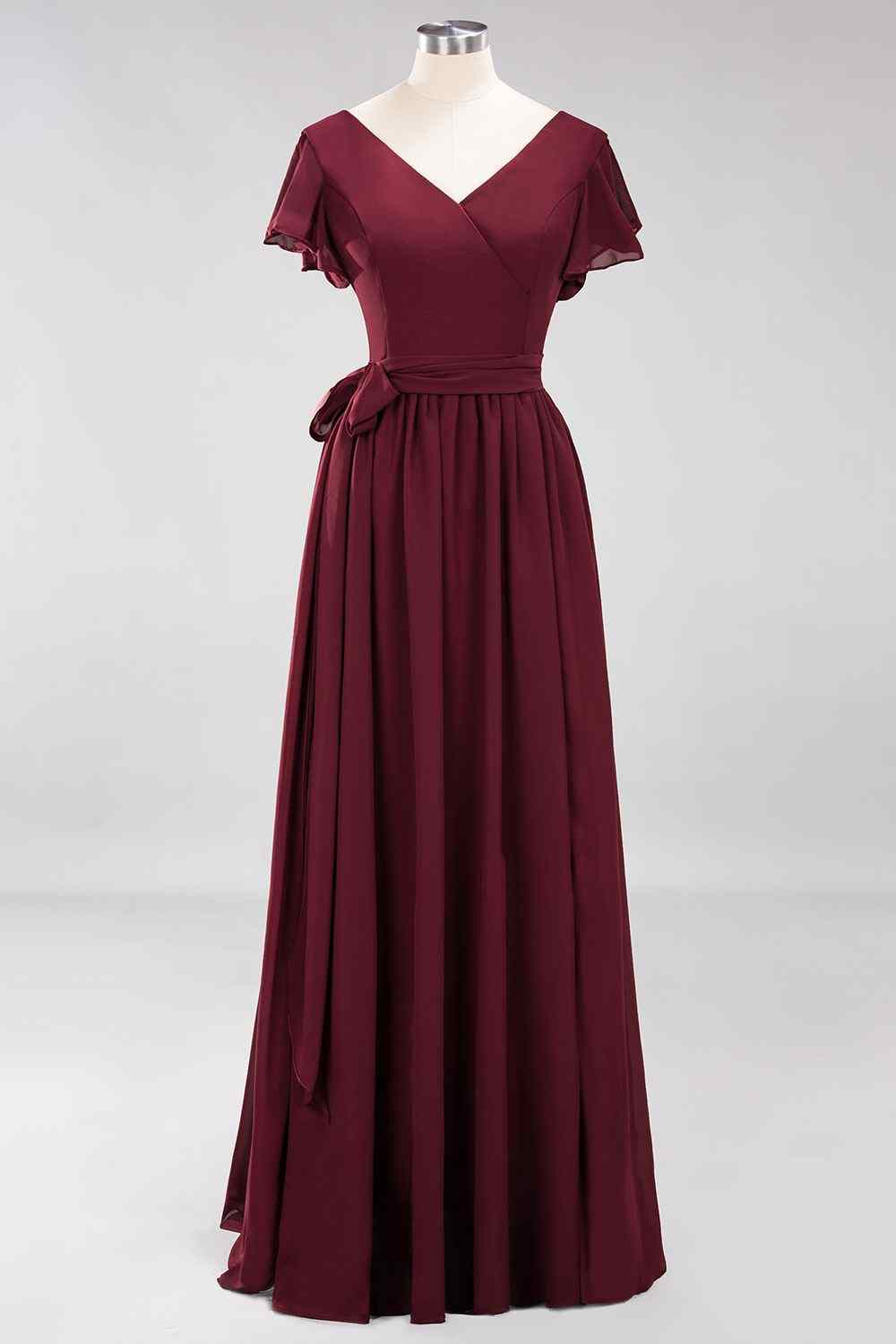 Burgundy A-line V Neck Surplice Chiffon Long Bridesmaid Dress with Sash