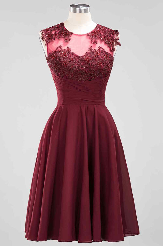 Burgundy A-line Illusion Neck Applique Chiffon Beaded Mini Bridesmaid Dress