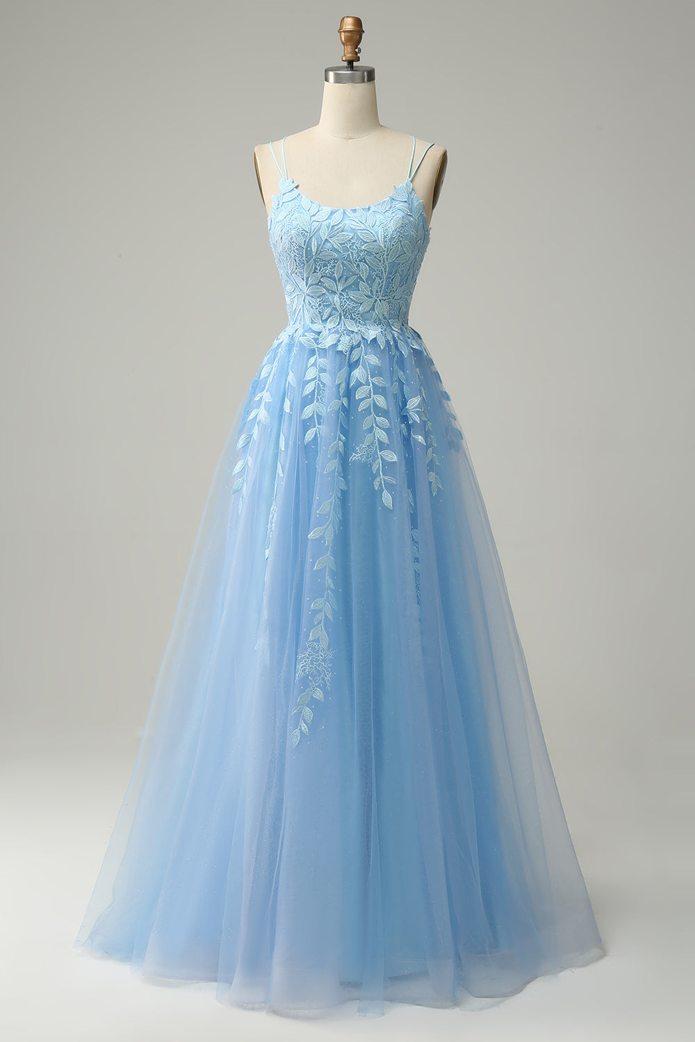 Bateau Sleeveless Tulle A-Line Lace Appliques Prom Party Dress