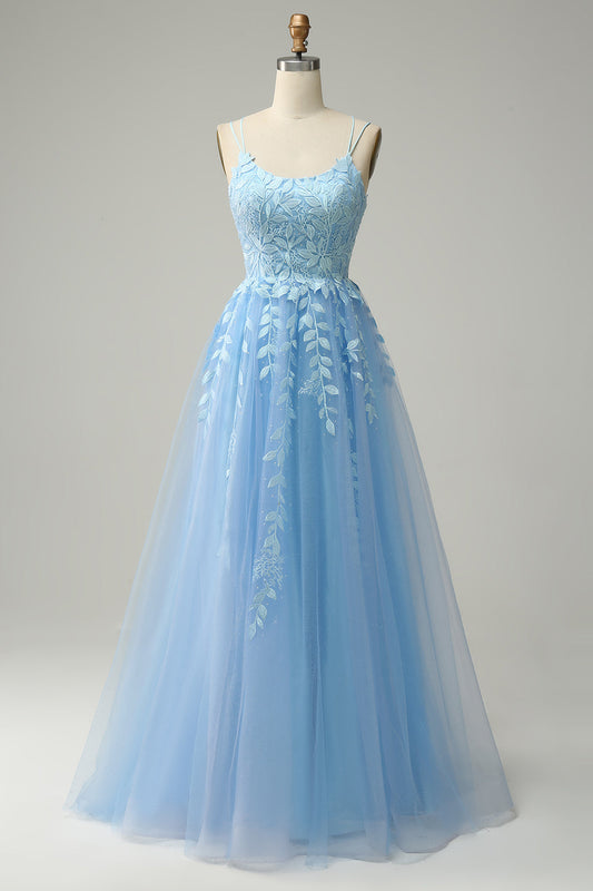 Bateau Sleeveless Tulle A-Line Lace Appliques Prom Party Dress