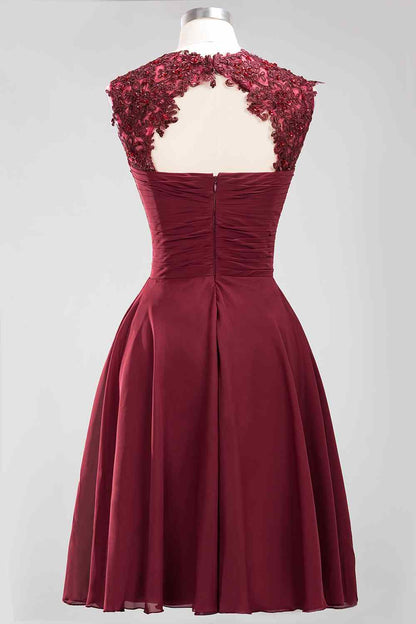 Burgundy A-line Illusion Neck Applique Chiffon Beaded Mini Bridesmaid Dress