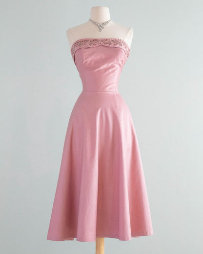 girlhomeshops--Pink Beaded Satin Midi Prom Dress gh5617