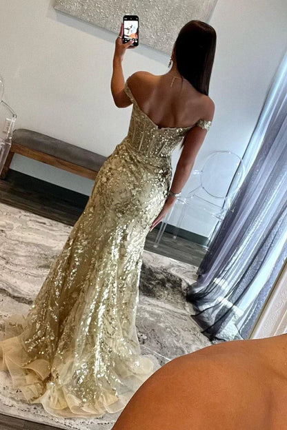 Gold Off-Shoulder Sequined Floral Mermaid Long Prom Dress with Slit