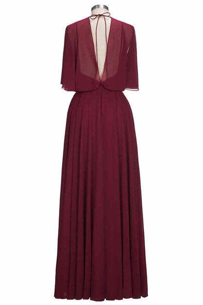 Burgundy A-line V Neck Bow Tie Back Chiffon Crepe Long Bridesmaid Dress