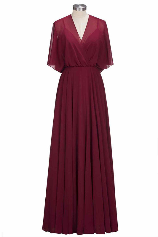 Burgundy A-line V Neck Bow Tie Back Chiffon Crepe Long Bridesmaid Dress