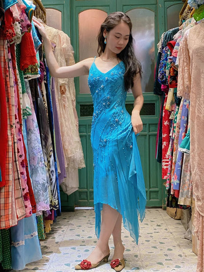 Elegant Blue Irregular Deep V Halter Beaded Chiffon Prom Dress Evening Dress P4118