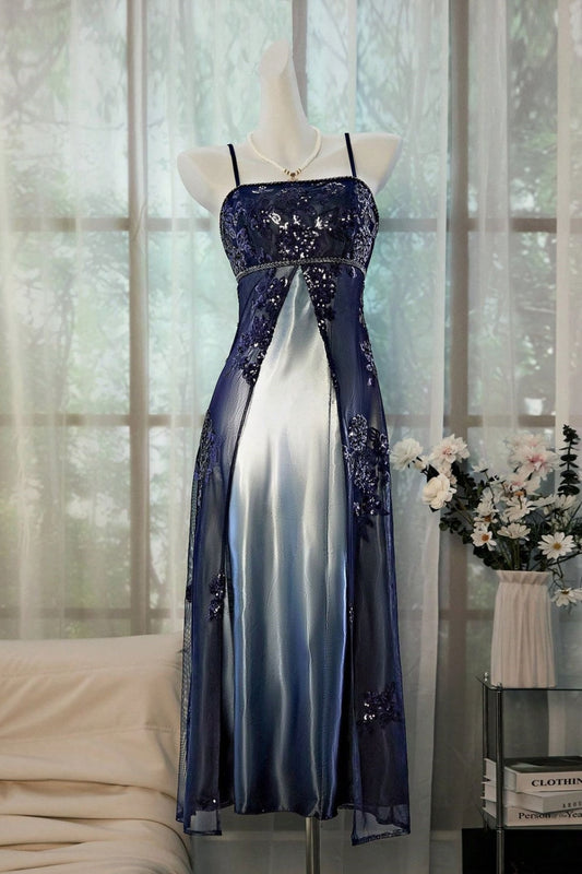 Navy Blue Gradient Sequin Camisole Gown: Lace Embroidery, Sheer Panel, Evening High-end Maxi Dress gh6607