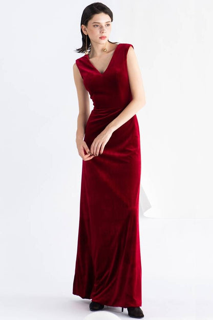V Neck Burgundy Velvet Dress