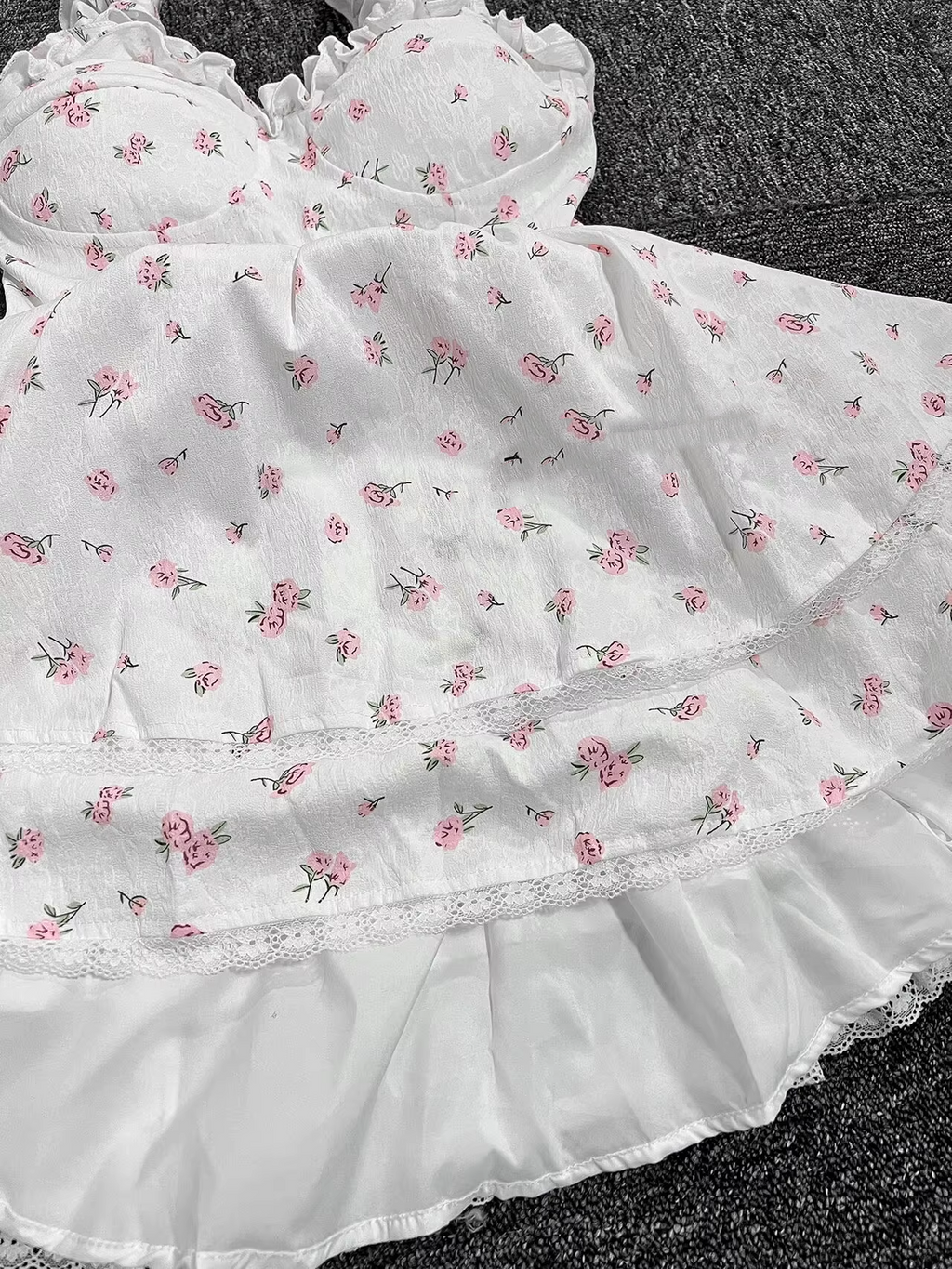 New Fashion Pink Floral Design A-line Sleeveless Spaghetti Strap Tiered Dress TP3291
