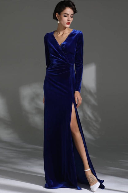 Royal Blue Velvet Long Sleeves Dress