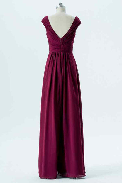 Orchid A-line Chiffon Pleated Cap Sleeve Long Bridesmaid Dress