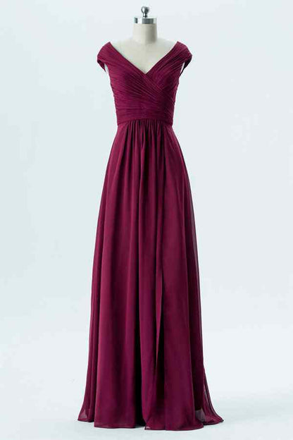 Orchid A-line Chiffon Pleated Cap Sleeve Long Bridesmaid Dress
