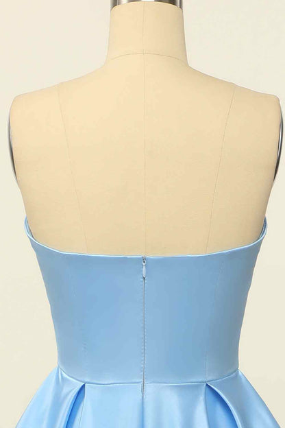 Blue A-line Strapless Satin Mini Homecoming Dress