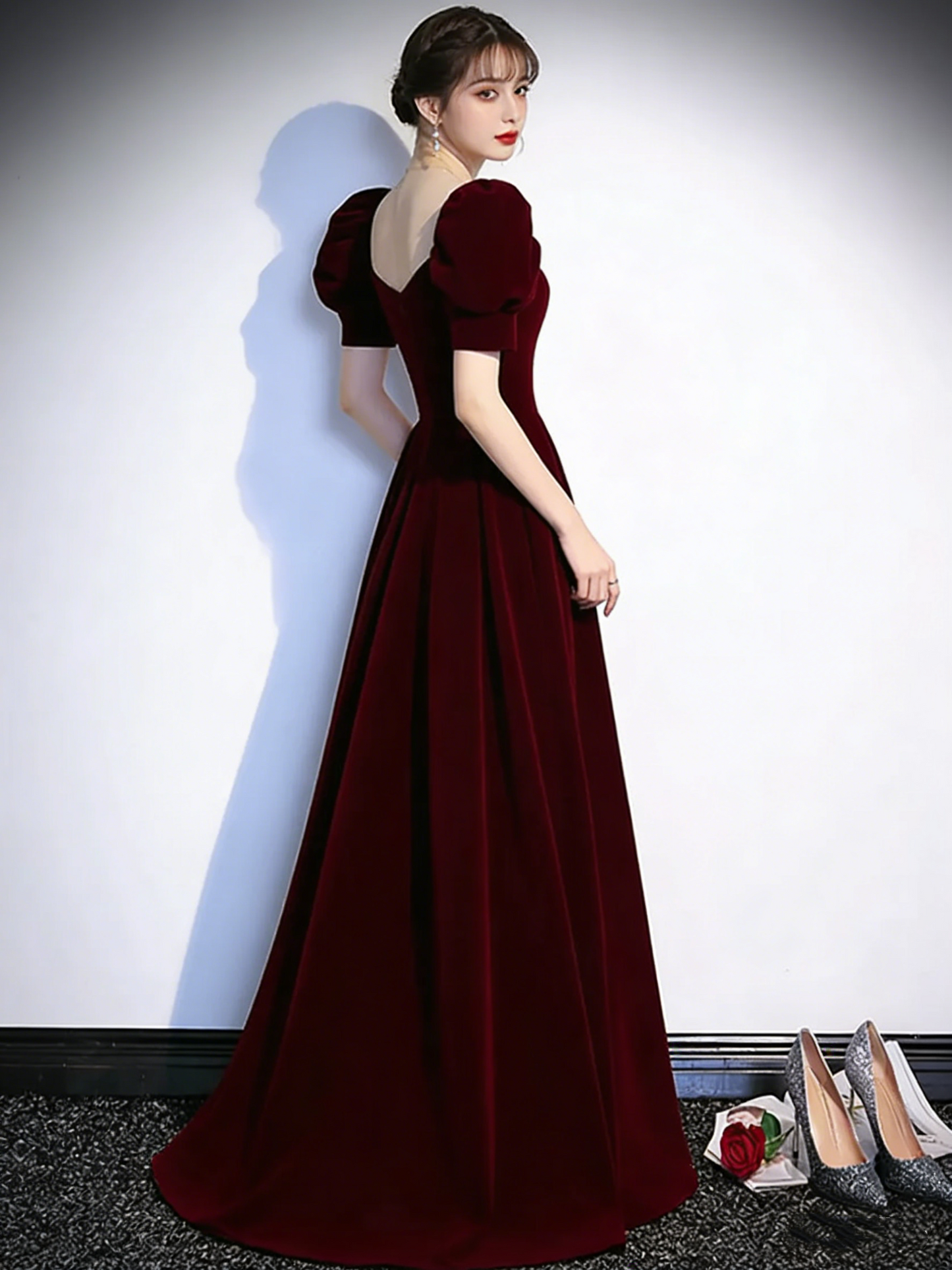 Cute Short Sleeves Burgundy Long Prom Dresses P2234