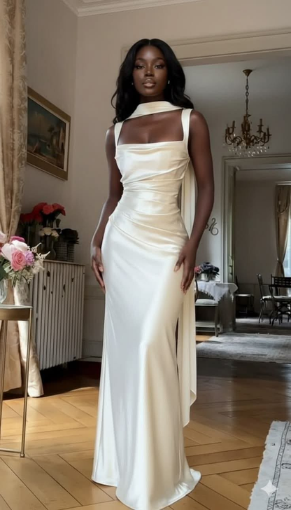 White Satin Spaghetti Straps Waist-Cinched Fitted Elegant Prom Dress, Evening Gown gh7300
