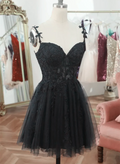 Fancy Black Short Dresses Party A-line Tulle Cocktail Dress