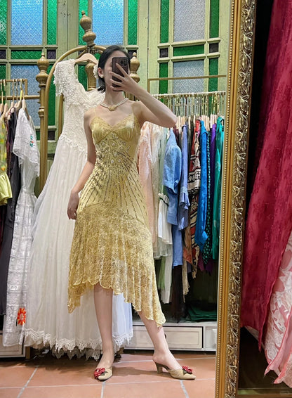 Retro Yellow Irregular Deep V Halter Lace Satin Prom Dress Evening Dress P4121