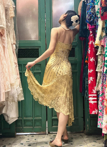 Retro Yellow Irregular Deep V Halter Lace Satin Prom Dress Evening Dress P4121