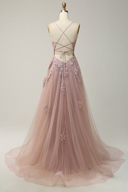Plunging V Neck Appliques Lace-Up A-line Long Prom Dress