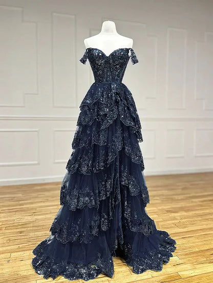 A-Line Sweetheart Neck Tulle Sequin Navy Blue Long Prom Dress P631
