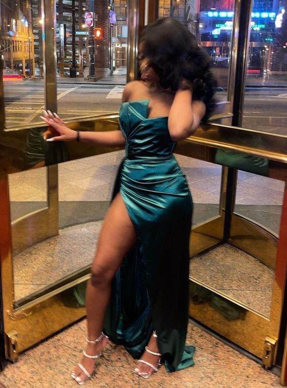 Green Prom Dress Long Fancy Satin Leg Slit Party Gown Tight