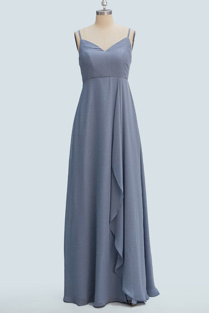Misty A-line Spaghetti Strap Ruffles Slit Long Bridesmaid Dress