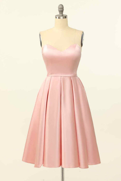 Pink A-line Strapless Satin Lace-Up Back Mini Homecoming Dress