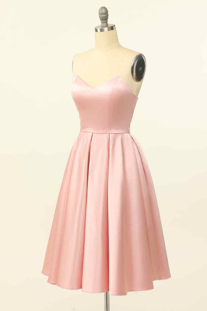 Pink A-line Strapless Satin Lace-Up Back Mini Homecoming Dress