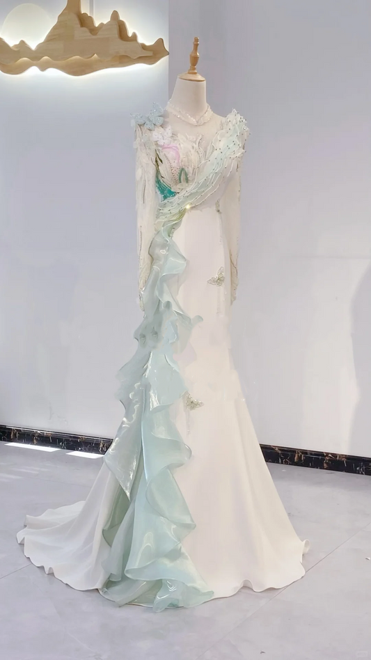 Light Green & White Color Block Waist-Cinched Fitted Grand Long Evening Dress, Fairy Gown, Romantic Gown gh7391