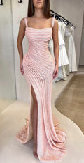Vintage Pink Sequin Evening Dress Slit Sheath Long Prom Dress TP5054