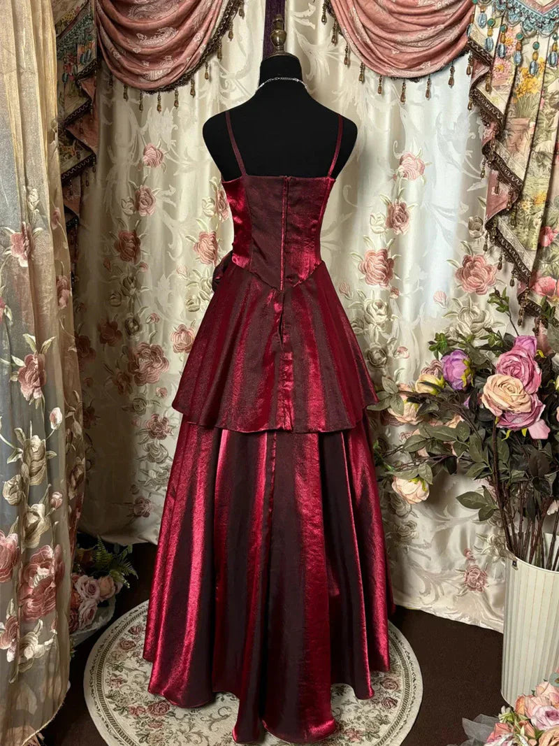 girlhomeshops--Burgundy Shiny Floral Spaghetti Strap Vintage Dress Floor-Length Ball Gown Prom Dress gh5671