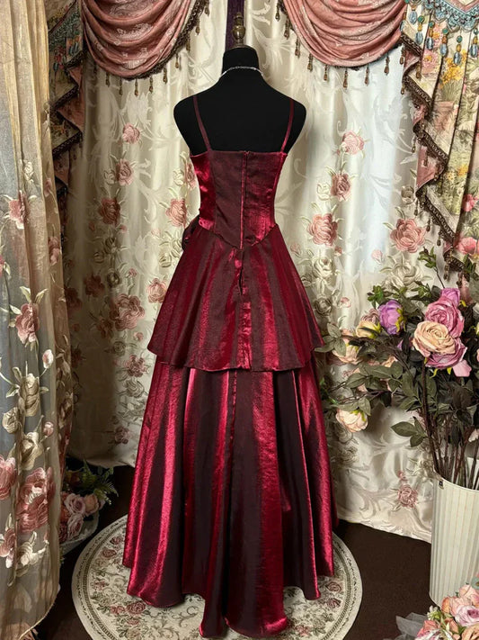 girlhomeshops--Burgundy Shiny Floral Spaghetti Strap Vintage Dress Floor-Length Ball Gown Prom Dress gh5671